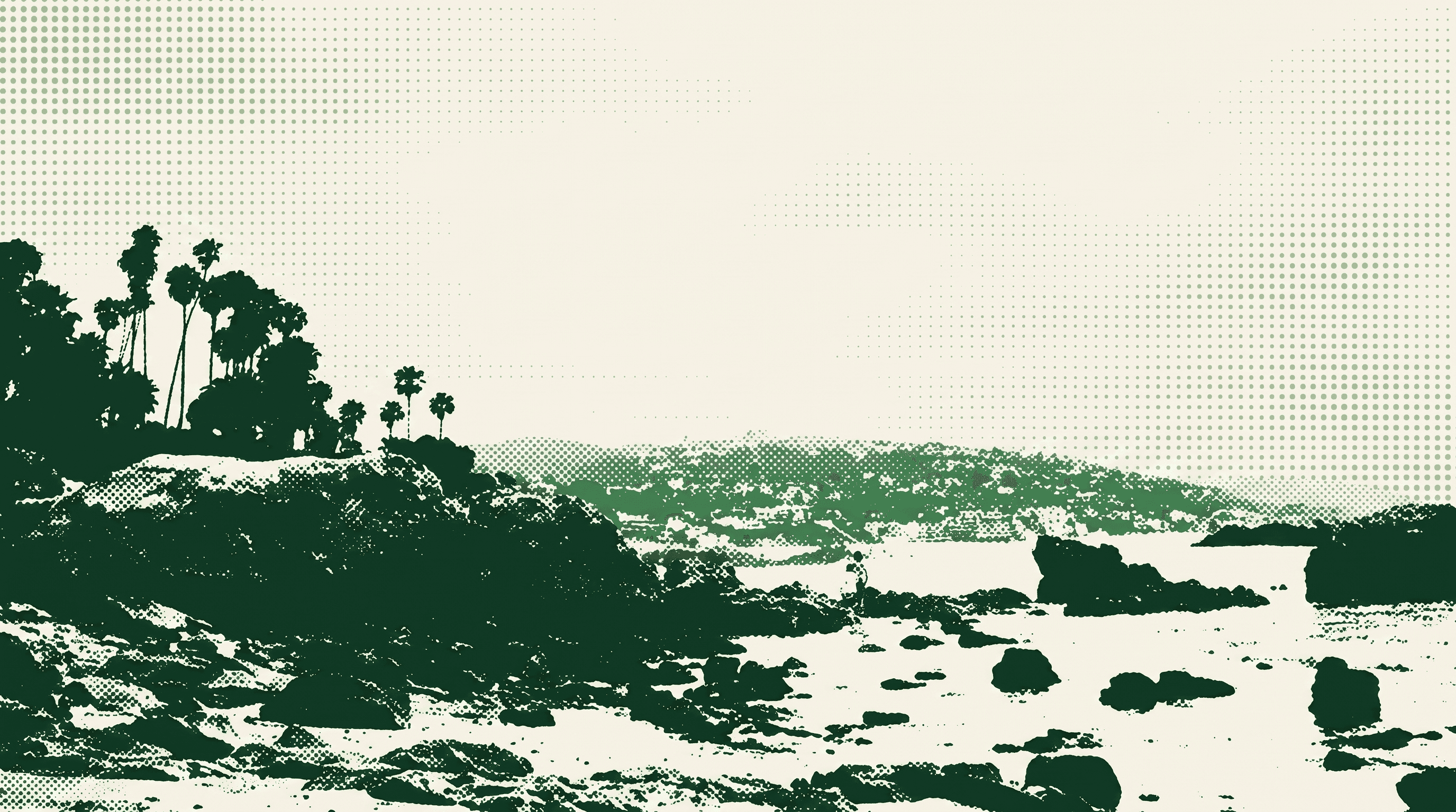 Halftone illustration of a Laguna Beach cove, palms on a bluff dissolving into dots over a cream sky
